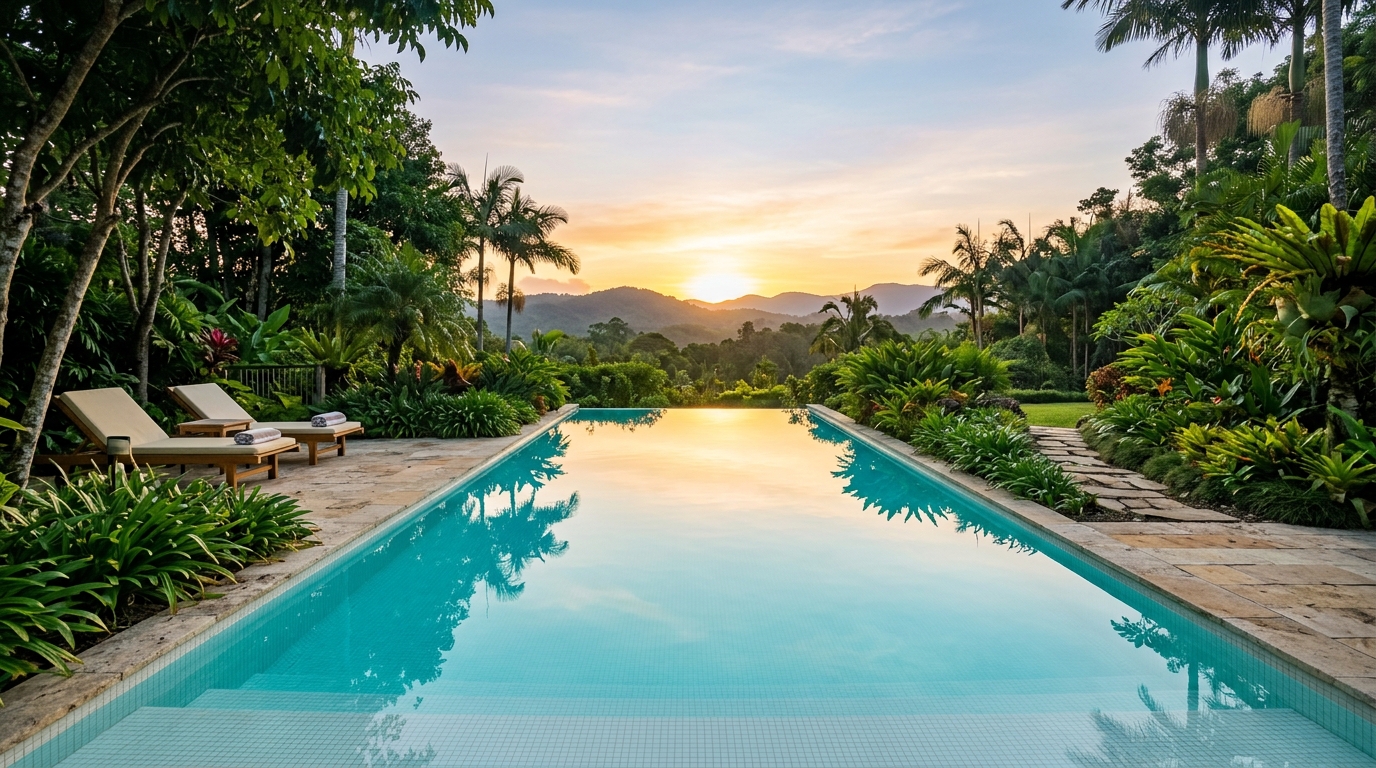 Bazén s čistou vodou v ranním světle